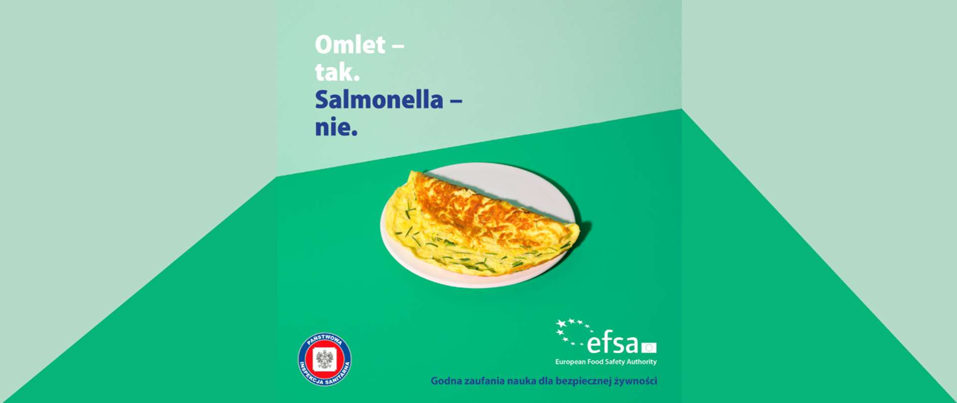 Grafika przedstawia omlet na talerzu z napisem Omlet- tak. Salmonella- nie. Na dole grafiki logo Państwowej Inspekcji Sanitarnej oraz EFS – European Food Safety Authority -Godna zaufania nauka dla bezpiecznej żywności