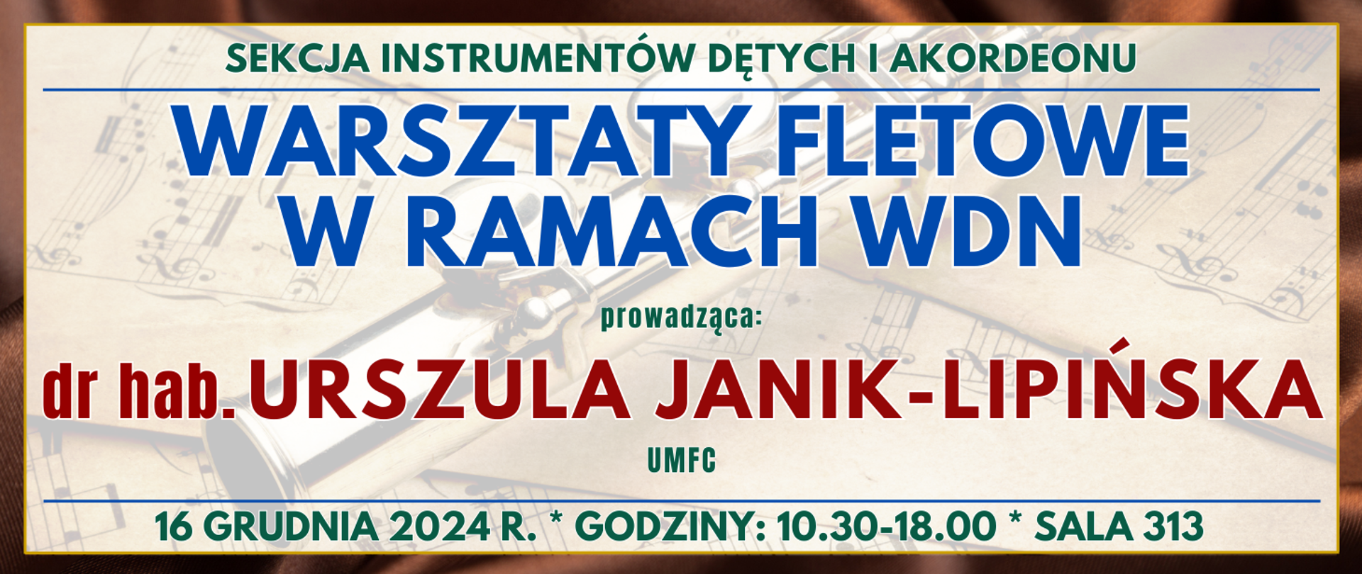 brązowa ramka w środku półprzezroczysty flet poprzeczny na nutach oraz informacja o wydarzeniu