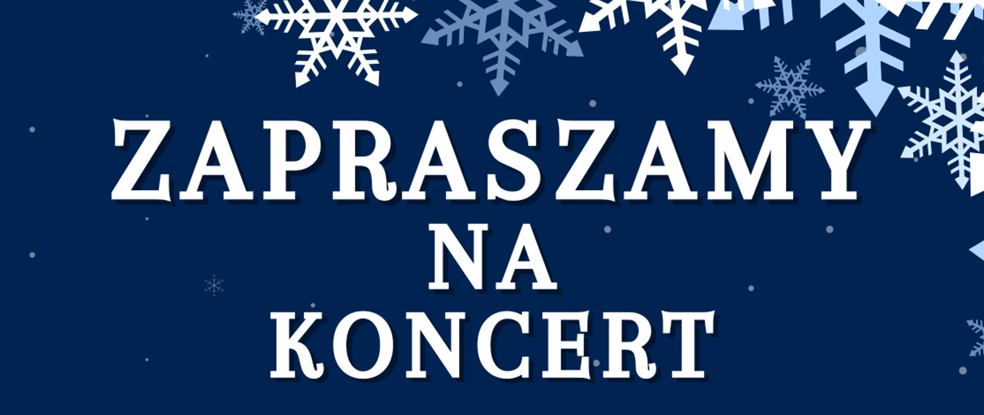 Tło obrazka w kolorze granatowym. W prawym górnym rogu białe i błękitne płatki śniegu. Na środku biały napis: "zapraszamy na koncert uczniów klasy fletu Pani Katarzyny Karczewskiej oraz uczniów klasy fortepianu i organów Pani Katarzyny Olszewskiej, 20 stycznia 2025 r. (poniedziałek) godz. 17:00". U dołu biała warstwa śniegu, na nim błękitne choinki. Po lej stron ie czarny fortepian, a przy nim dziewczynka w fioletowej bluzce, fioletowych spodenkach i fioletowej apaszce na głowie. Po prawej stron ie dziewczynka grająca na flecie poprzecznym. Ubrana w żółtą bluzkę i niebieską spódnicę. Na grafice śniegi granatowy napis: "sala koncertowa".