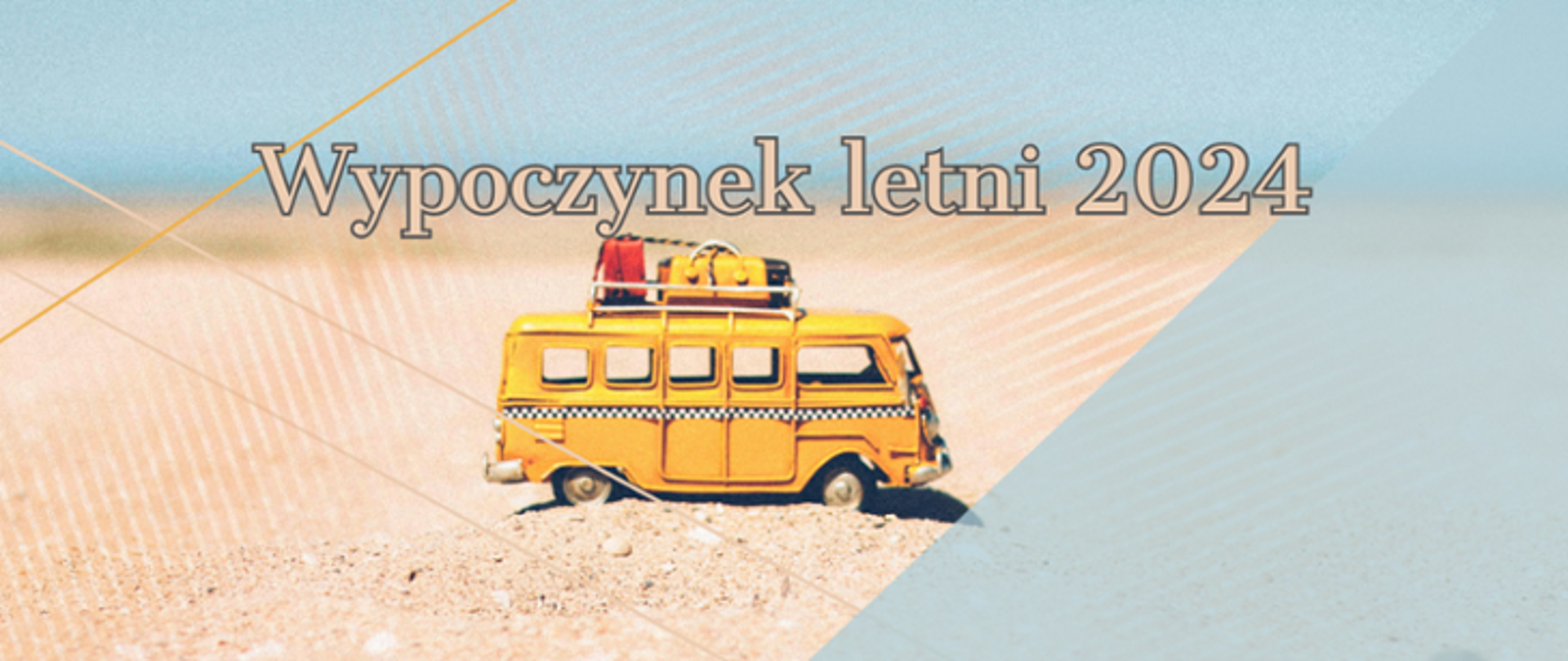 Infografika zawiera napis "Wypoczynek letni 2024" oraz zdjęcie mini-autobusa na piasku