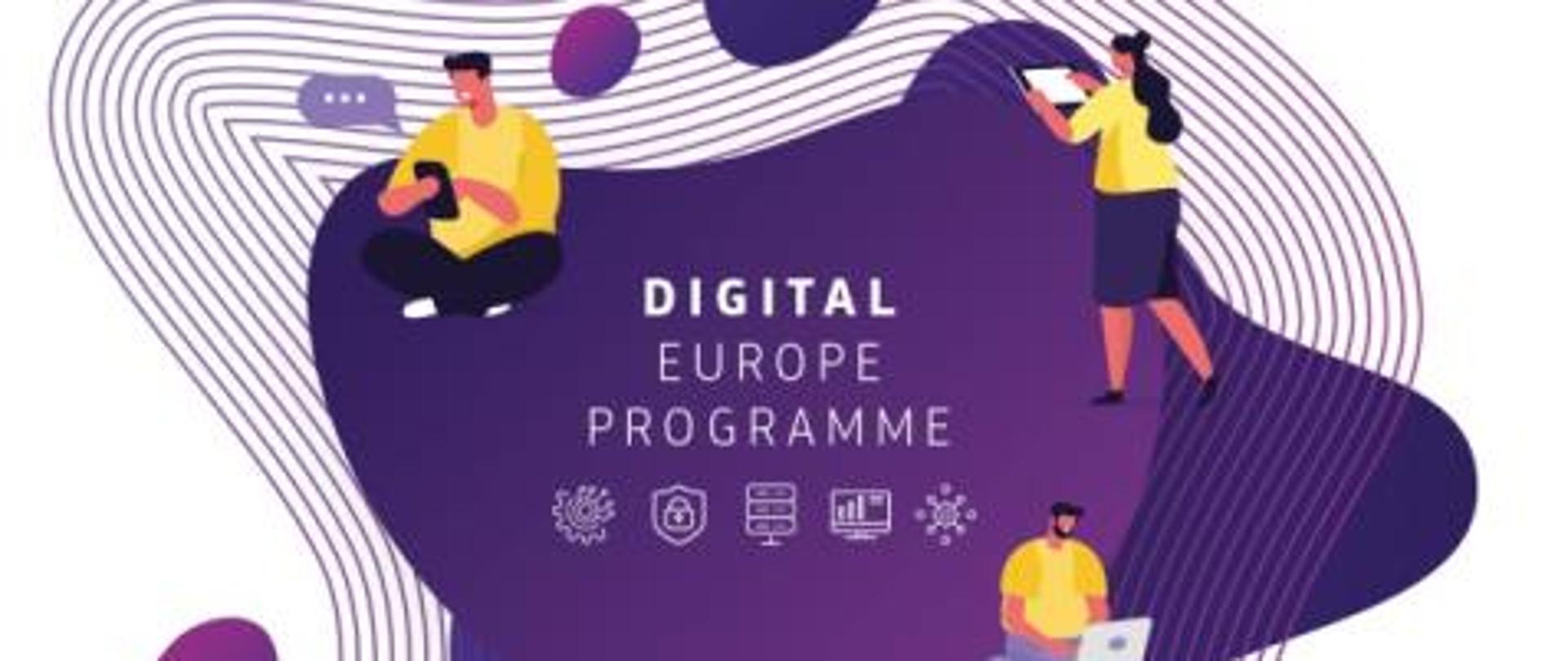 Logo Digital Europe Programme, 3 ikony ludzi pracujących na laptopie, tablecie i telefonie