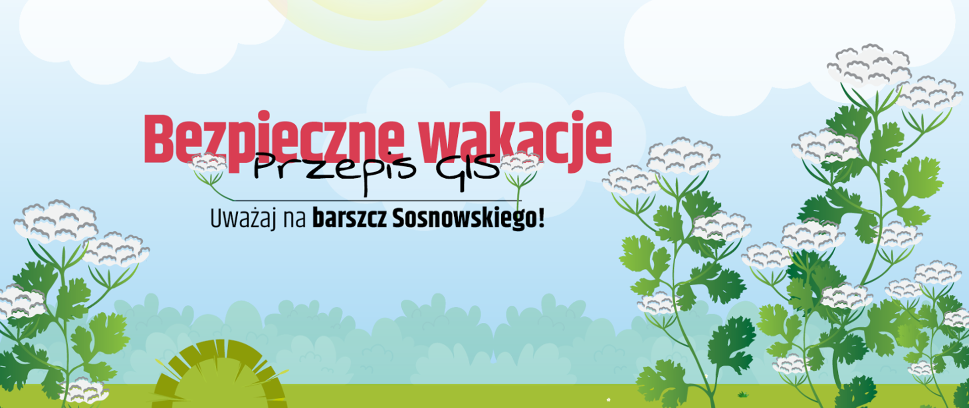 Grafika przedstawiająca roślinę - barszcz Sosnowskiego. Na środku grafiki napis: Bezpieczne wakacje. Przepis GIS - Uważaj na barszcz Sosnowskiego