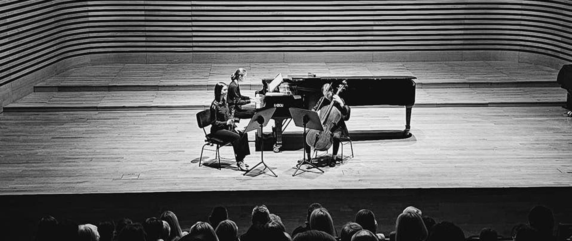 na scenie gra Trio Kadawi w skladzie: Daria Reszka - klarnet, Wiktoria Zorychta- wiolonczela, Katarzyna Dabek - fortepian, widać słuchaczy