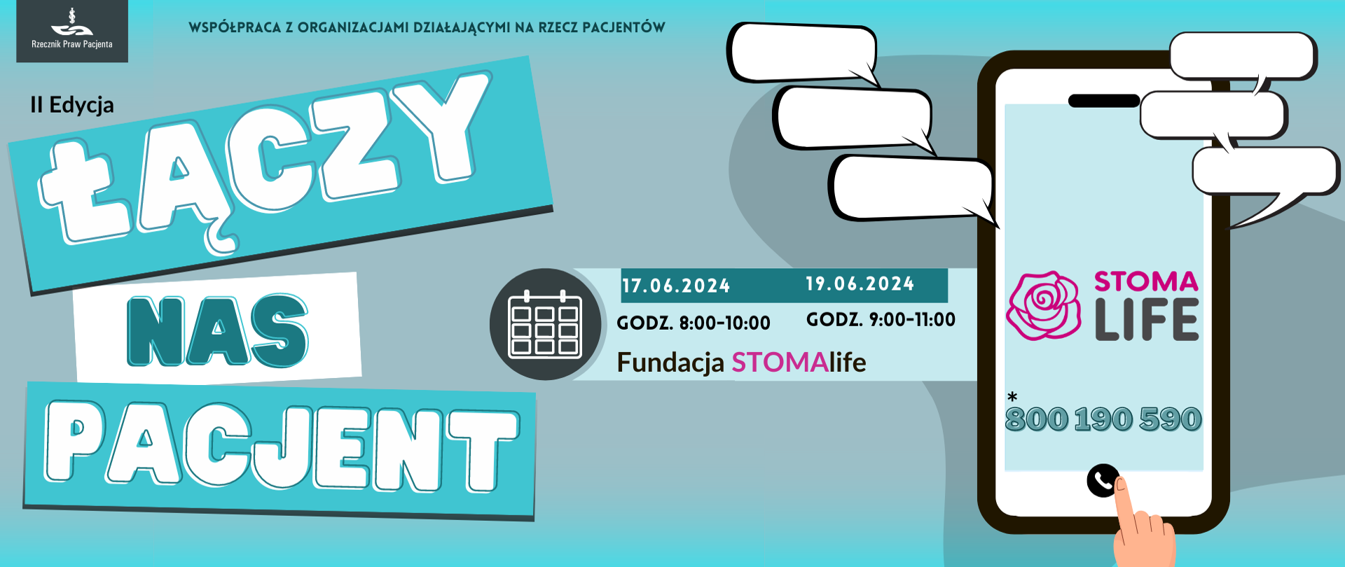 Baner łączy nas pacjent. Fundacja Stomalife 17 maja godz. 8:00-10:00 i 19 maja godz. 9:00-11:00