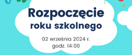 Na niebieskim tle grafiki przedstawiające białe chmury. W jednej chmurze granatowo czarny napis. Rozpoczęcie roku szkolnego 2 września 2024 r. godzina 14. 