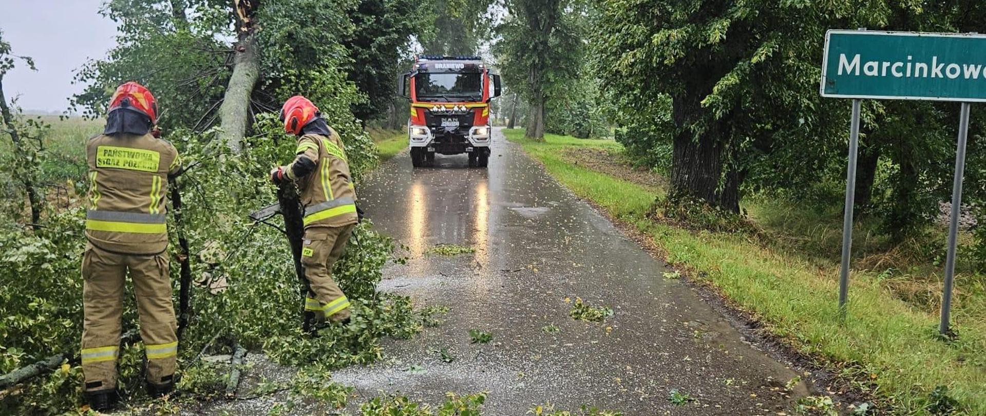 Strażacy usuwają z drogi złamane drzewo. W oddali samochód strażacki. Pada deszcz.