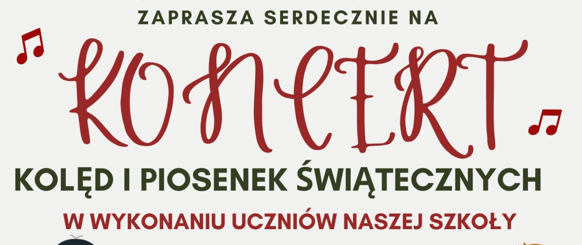 Grafika plakatu w kontekście Świąt Bożego Narodzenia przedstawiająca z lewej dziewczynkę grającą na skrzypcach, z prawej chłopca grającego na trąbce. W dolnej części plakatu wizerunek Maryi z Józefem i Dzieciątkiem Jezus. Plakat informuje o koncercie kolęd i piosenek świątecznych w wykonaniu uczniów Szkoły muzycznej I i II stopnia w Nowym Targu, filia w Jaworkach organizowanym w dniu 20 grudnia 2024 o godzinie 14:00 dla dzieci z przedszkola Bajkowe Wzgórze oraz o godzinie 16:00 dla wszystkich chętnych.