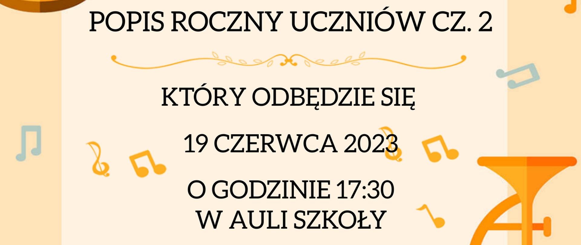 informacja o popisie rocznym uczniów oraz symbole nut i instrumentów