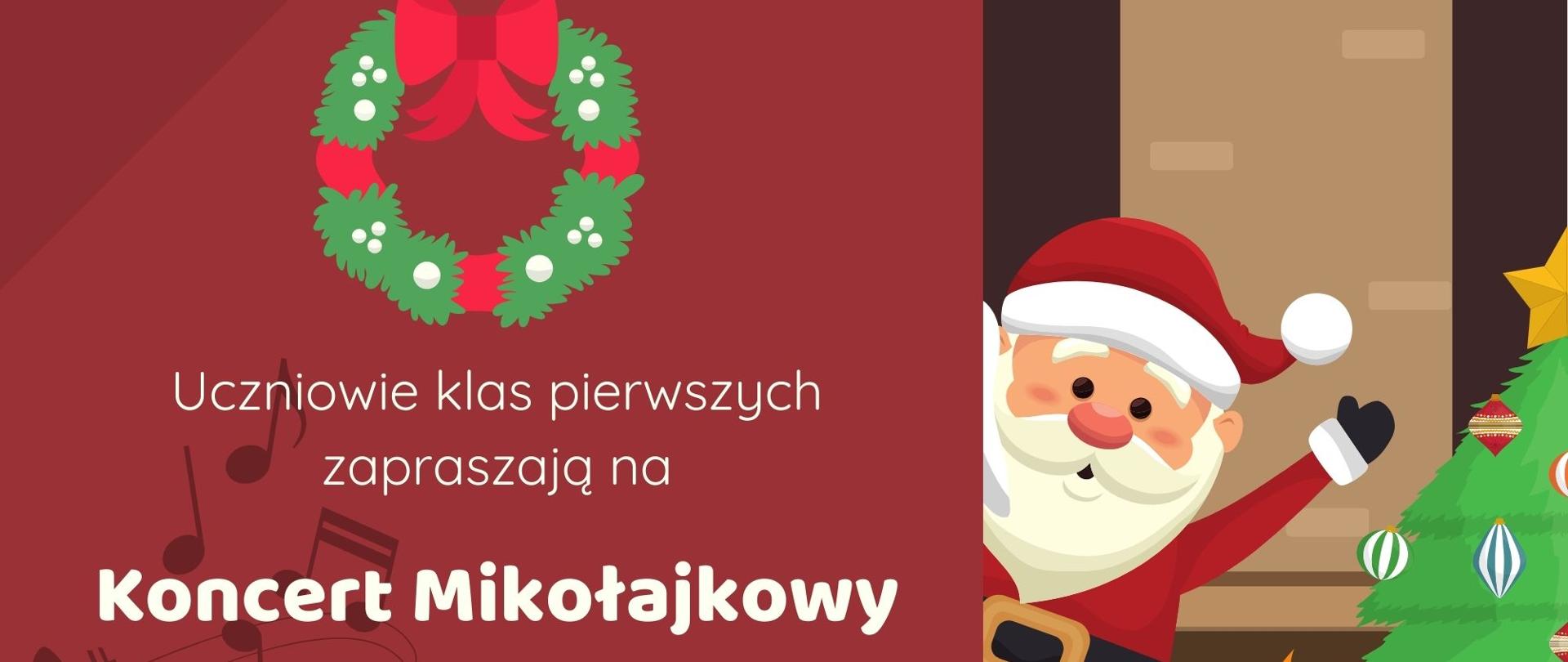 Plakat informujący o Koncercie Mikołajkowym, czerwone tło, białe litery, z prawej strony obrazek z Mikołajem, choinką i prezentami.