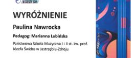 Dyplom wyróżnienia otrzymała Paulina Nawrocka w czwartym Ogólnopolskim Konkursie „Co młodym w duszy gra?” w Rudzie Śląskiej w dniach od dwudziestego piątego do dwudziestego siódmego kwietnia dwa tysiące dwudziestego czwartego roku.