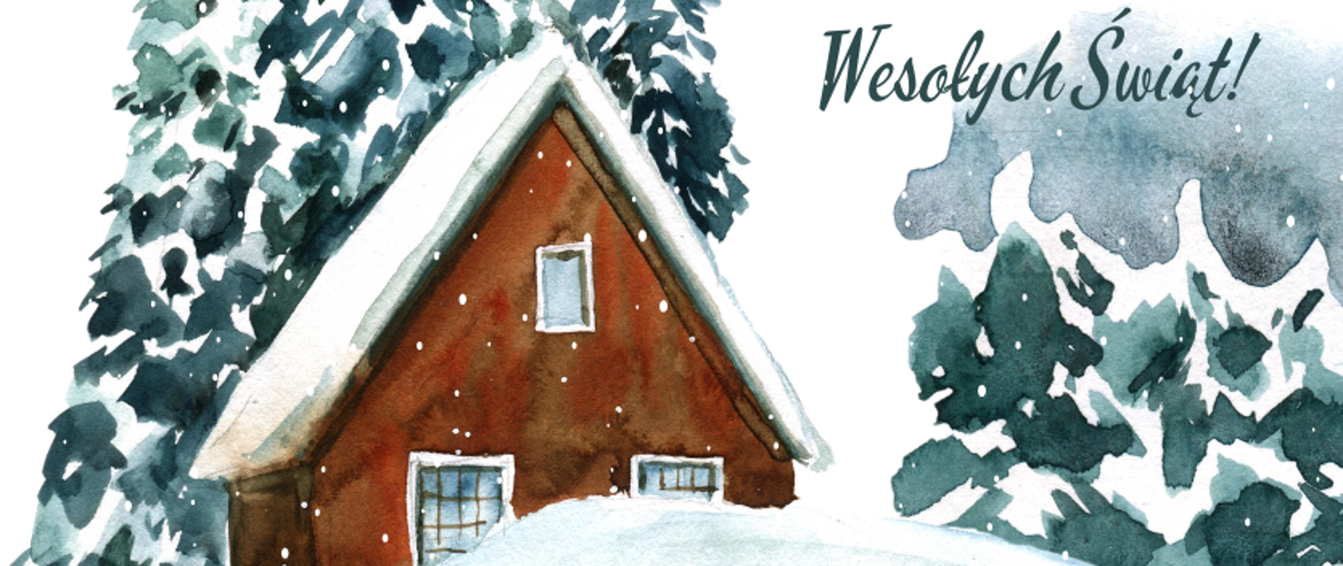 grafika: życzenia świąteczne od dyrekcji i pracowników szkoły baletowej. Na rysunku leśny krajobraz przykryty śniegiem, pomiędzy drzewami brązowy domek ze śniegiem na dachu. U góry napis Wesołych Świąt i logo szkoły baletowej.