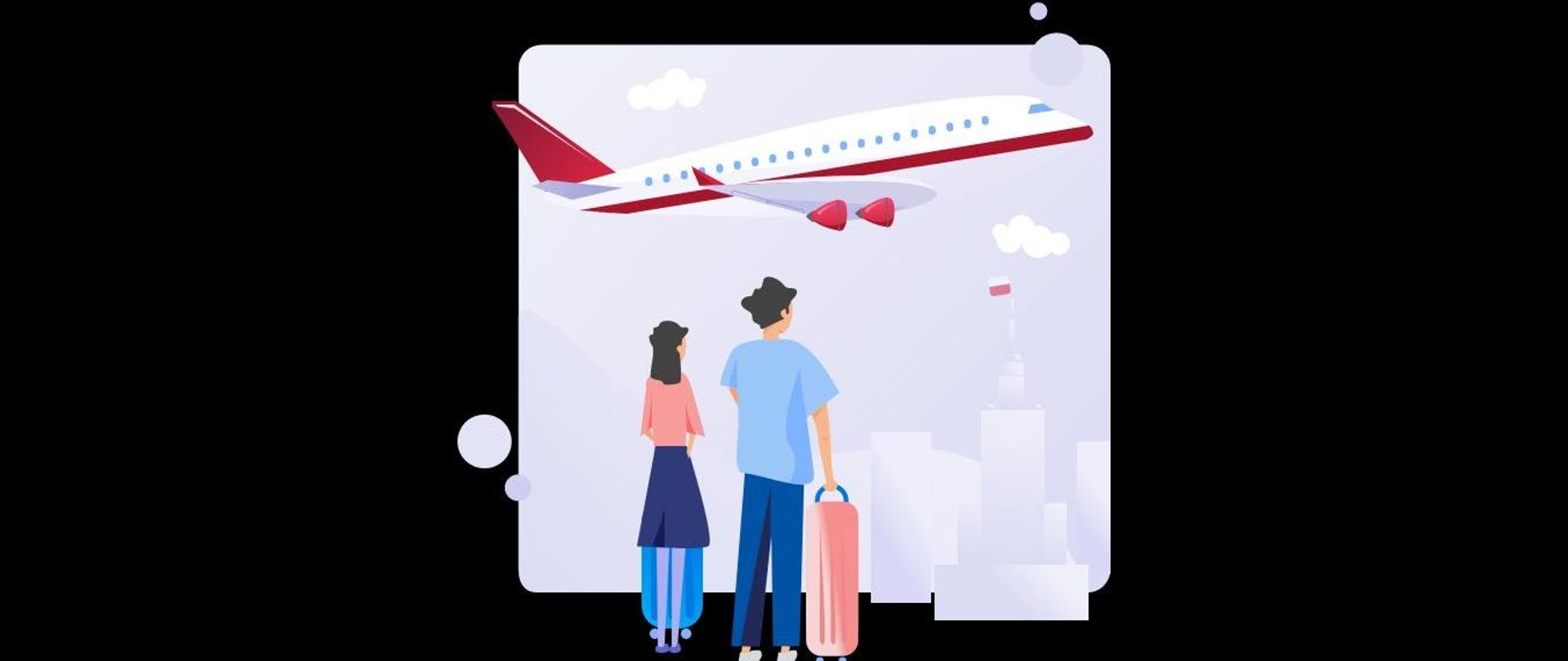 obrazek przedstawiający parę podróżnych i samolot
