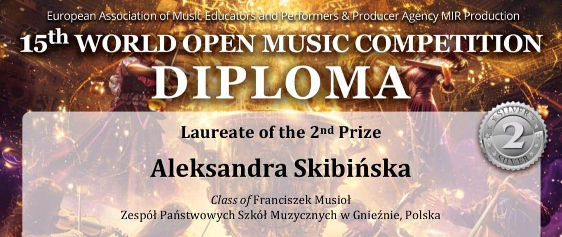 Dyplom dla Aleksandry Skibińskiej za zajęcie II miejsca w XV Międzynarodowym Konkursie Muzycznym w Belgradzie