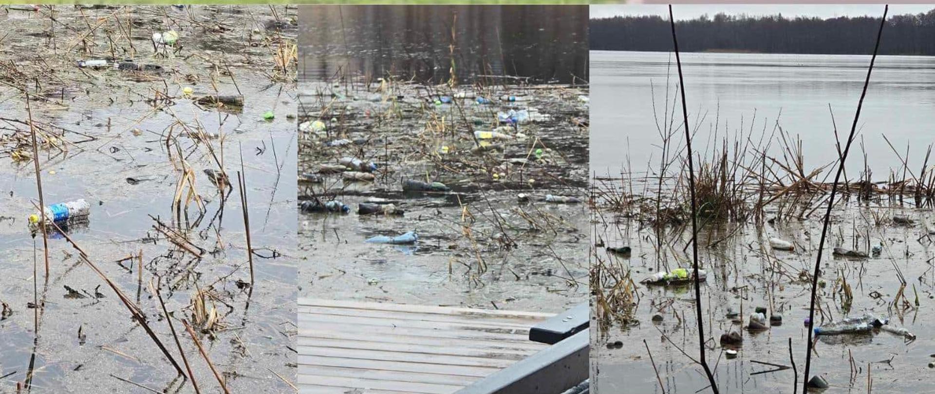 Plakat zapowiadający społecznie sprzątanie Jeziora Miejskiego (Złotowskiego). Na zdjęciach widać zaśmiecone jezioro. 