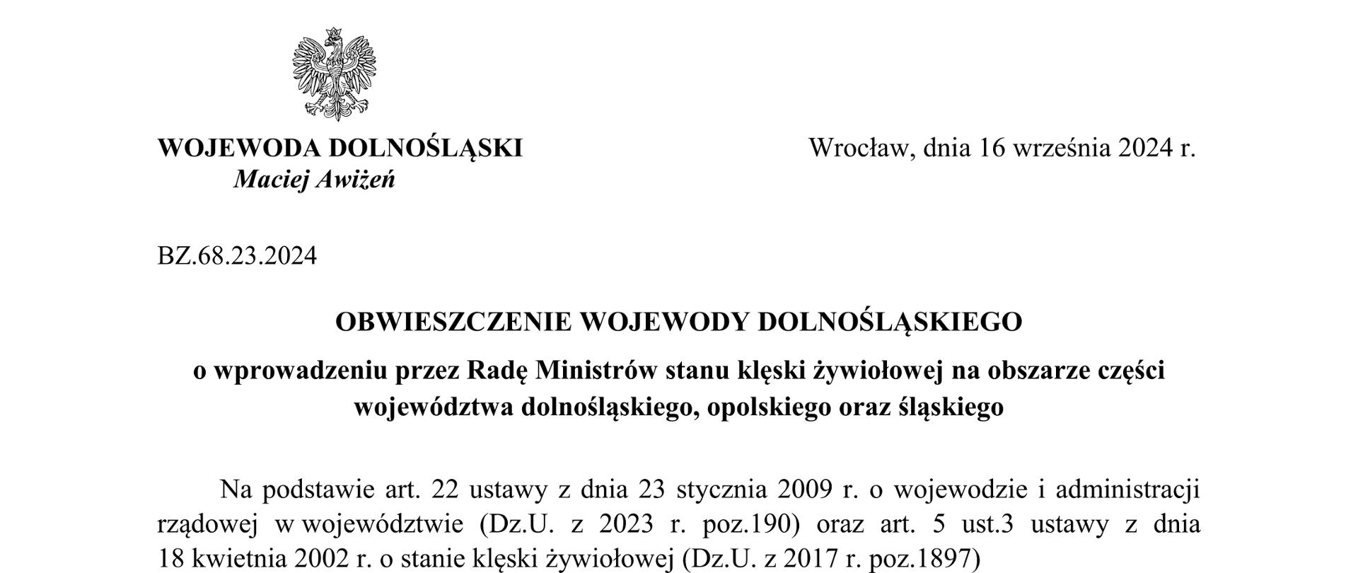 Obwieszczenie Wojewody Dolnośląskiego o wprowadzeniu Stanu Klęski Żywiołowej