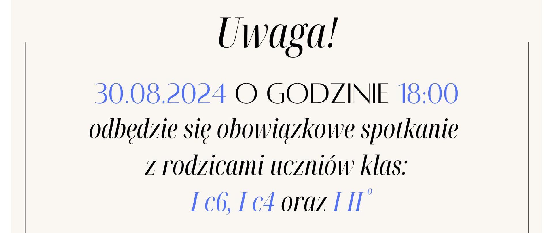 Plakat zawiera w centralnej części tła kwadrat w kolorze kremowym. Każdy bok kwadratu zakończony jest czarną cienką linią. Wewnątrz kwadratu znajdują się informacje o obowiązkowym spotkaniu z rodzicami. Data, godzina oraz klasy, których dotyczy spotkanie są wyróżnione kolorem niebieskim. Na dole plakatu znajduje się logo Państwowej Szkoły Muzycznej I i II st. im. Oskara Kolberga w Szczecinku