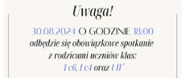 Baner w kolorze kremowym. Znajdują się w nim informacje o obowiązkowym spotkaniu z rodzicami. Data, godzina oraz klasy, których dotyczy spotkanie są wyróżnione kolorem niebieskim. 