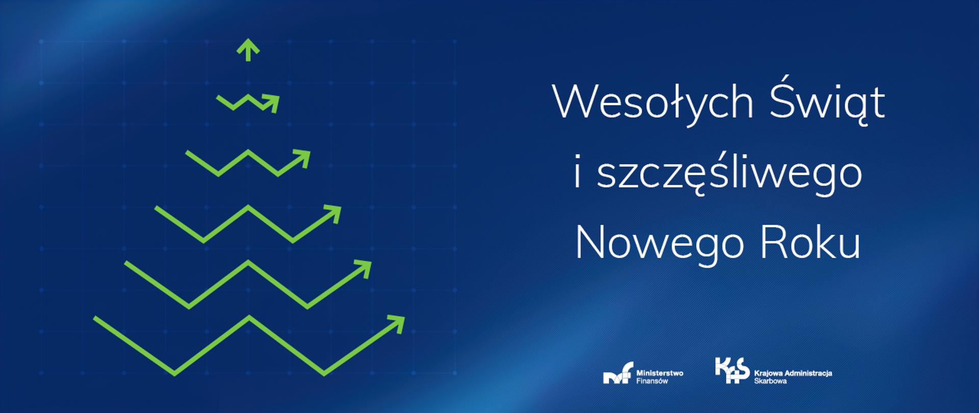 Biały tekst na niebieskim tle Wesołych Świąt i szczęśliwego Nowego Roku