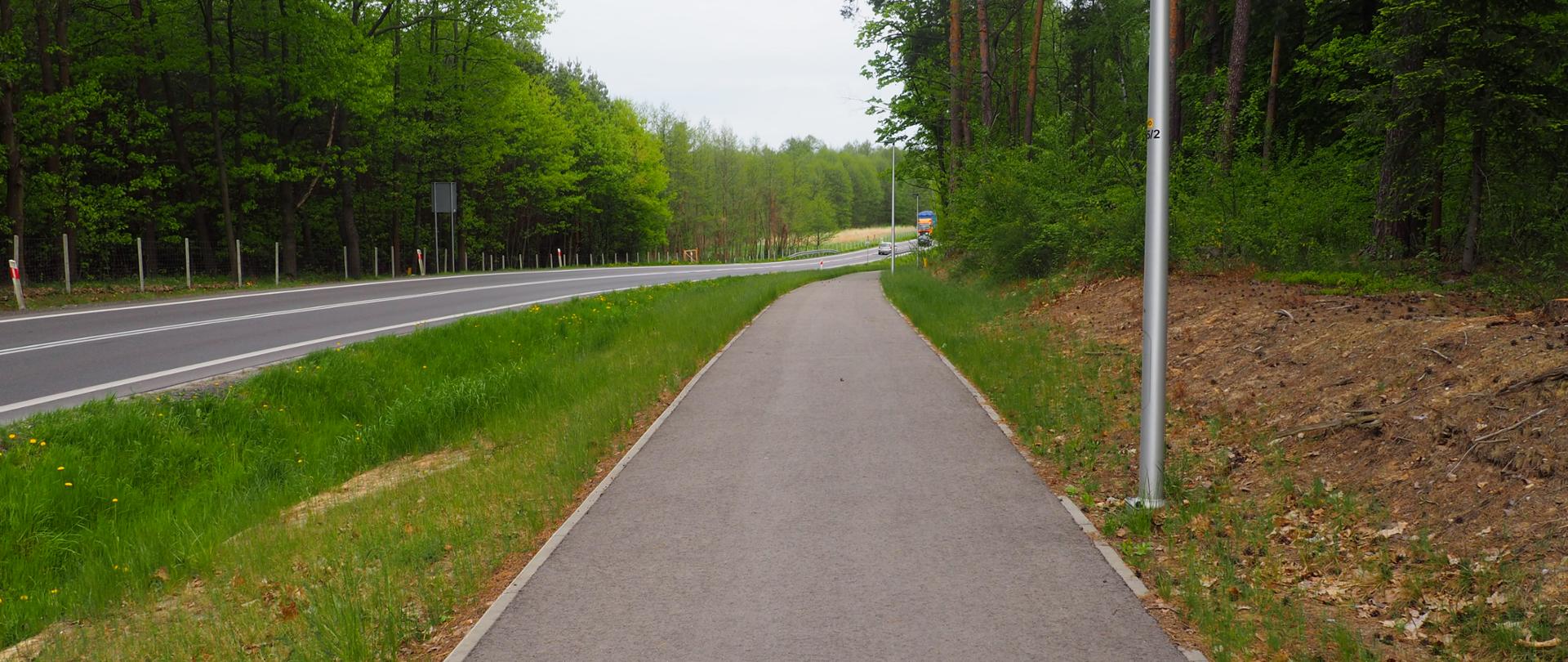 Widać ścieżkę pieszo-rowerową, po lewej stronie droga, zielone pobocza, w tle samochody