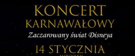 Plakat informujący o Koncercie Karnawałowym, który odbędzie się w szkole muzycznej I st. 14 stycznia 2025 roku o godzinie 17.00.