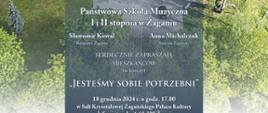 Na zdjęciu widok budynku głównego szkoły z drona. W środku informacje o koncercie, na dole logotypy organizatorów koncertu Miasta Żagań, Starostwa Powiatowego oraz PSM I i II stopnia w Żaganiu
