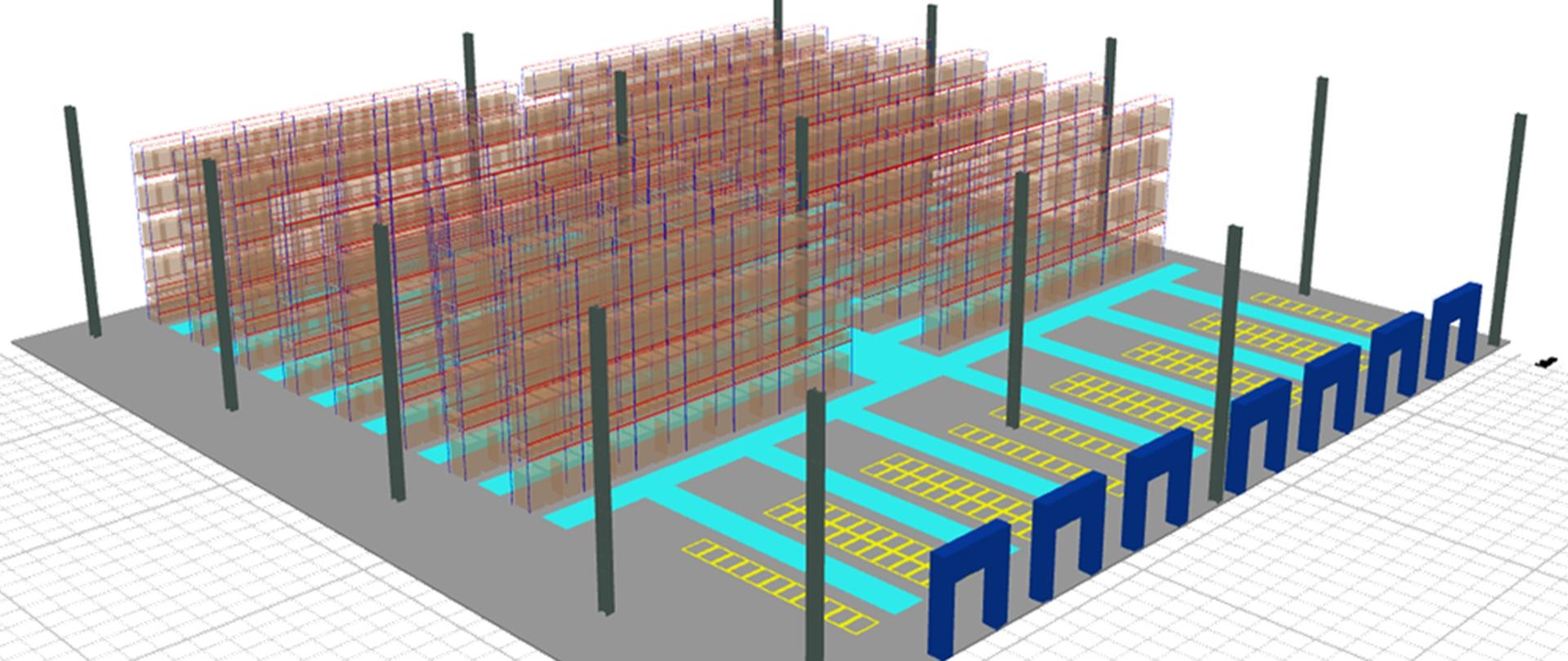 Visualization of the project in the SIMMAG3D system. Square warehouse space. Gray floor with blue access paths and passages between shelves. Visible diagrams of entrances (navy blue), multi-storey shelves (red-brown-navy blue constructions) and supports (bronze)
