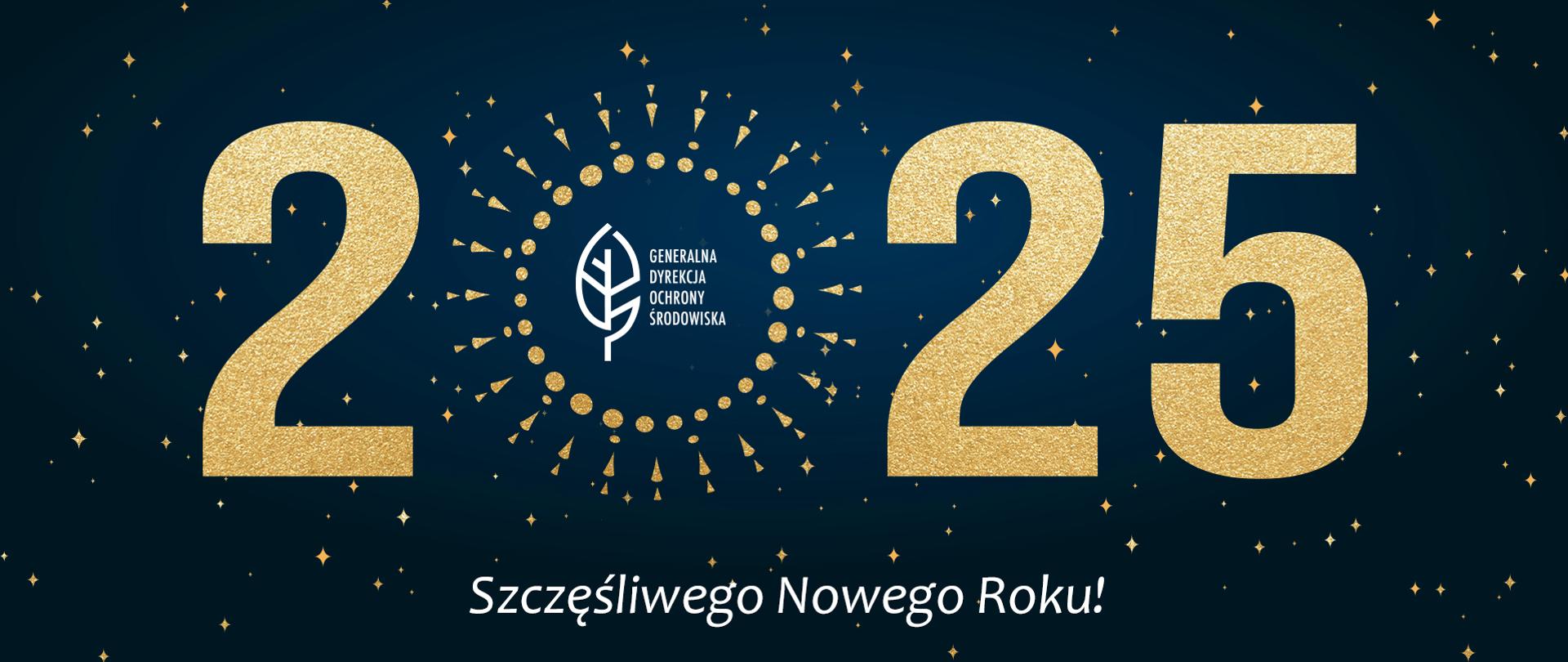 Na ciemnoniebieskim tle złotymi literami napis: " 2025 Szczęśliwego Nowego Roku!" po środku logotyp GDOŚ: biały liść i napis Generalna Dyrekcja Ochrony Środowiska