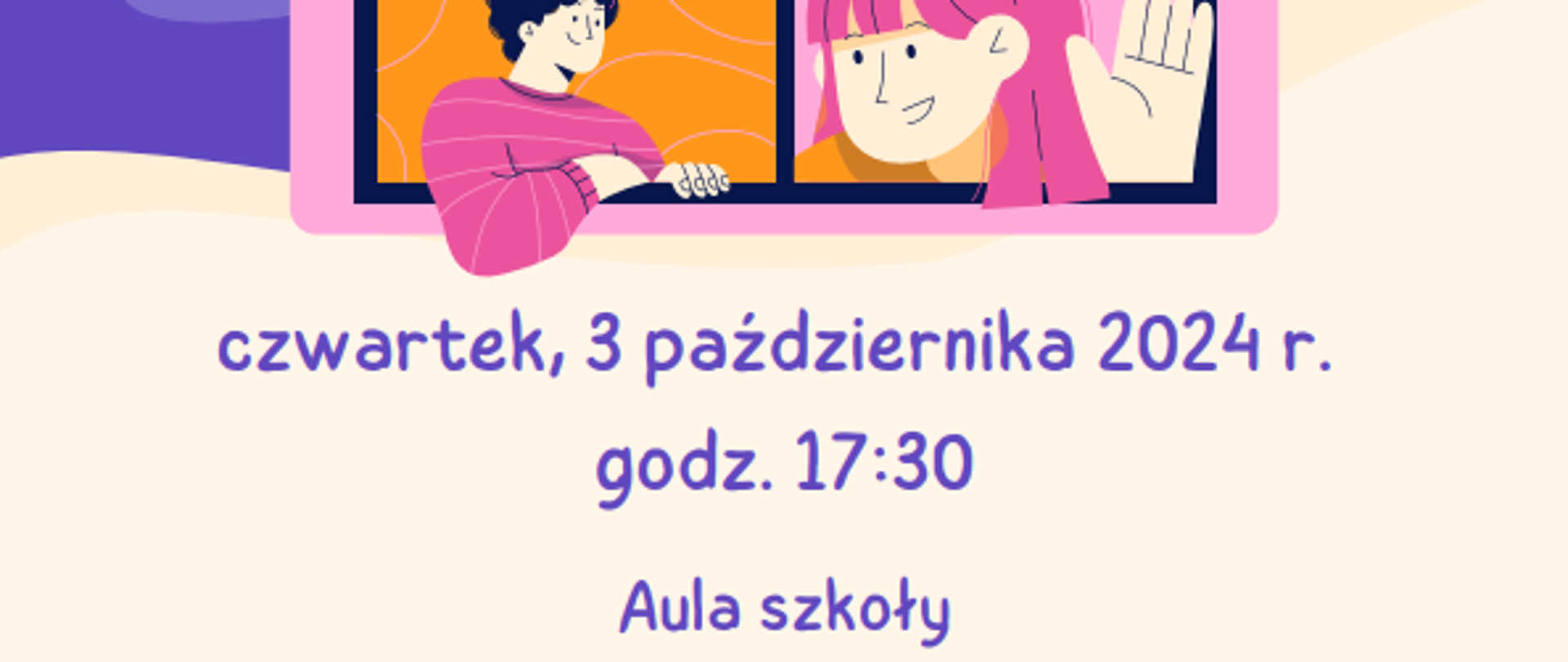 Plakat i jasnoniebieskie tło w dolnej części białe w lewym górnym rogu czarne logo szkoły muzycznej według ustalonego znaku od góry białą czcionką wytłuszczoną wybory do samorządu uczniowskiego klasy 5 6 c 6 oraz trzecia czwarta C4 poniżej grafika przedstawiający różowy tablet w ułożeniu poziomym podzielony na cztery okna w każdym oknie ludzka postać uśmiechnięta poniżej środa 3.10.2024 godzina 17:30 aula szkoły Do zobaczenia
