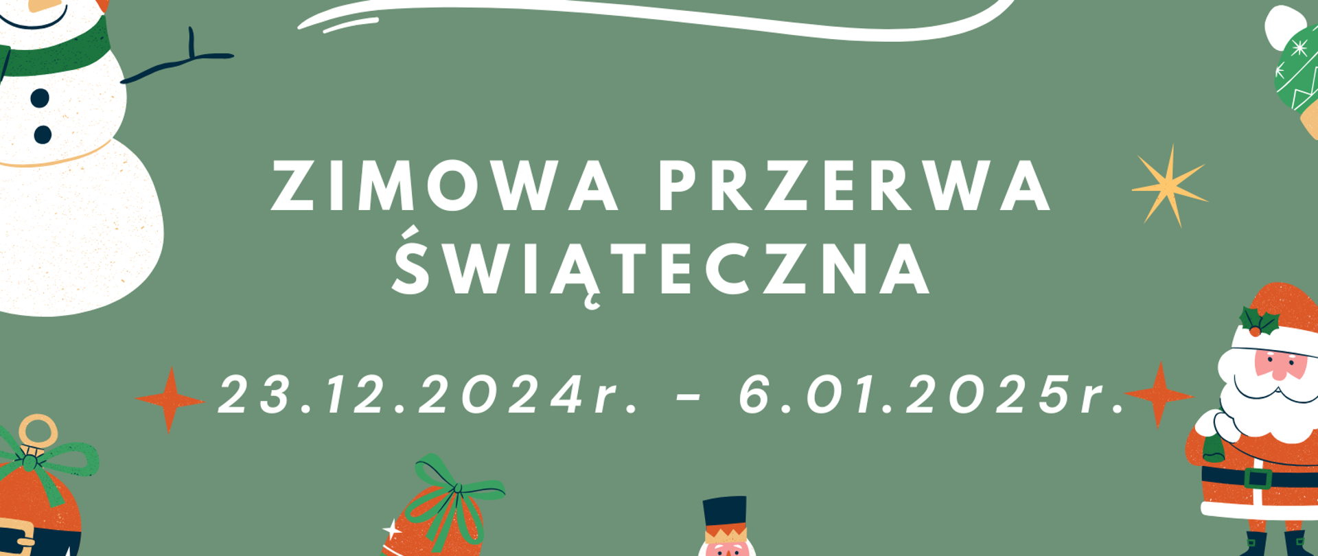 Zielony plakat z czerwonymi dekoracjami świątecznymi w czerwono-biało-złoto-zielonych kolorach, na zielonym tle białe napisy.