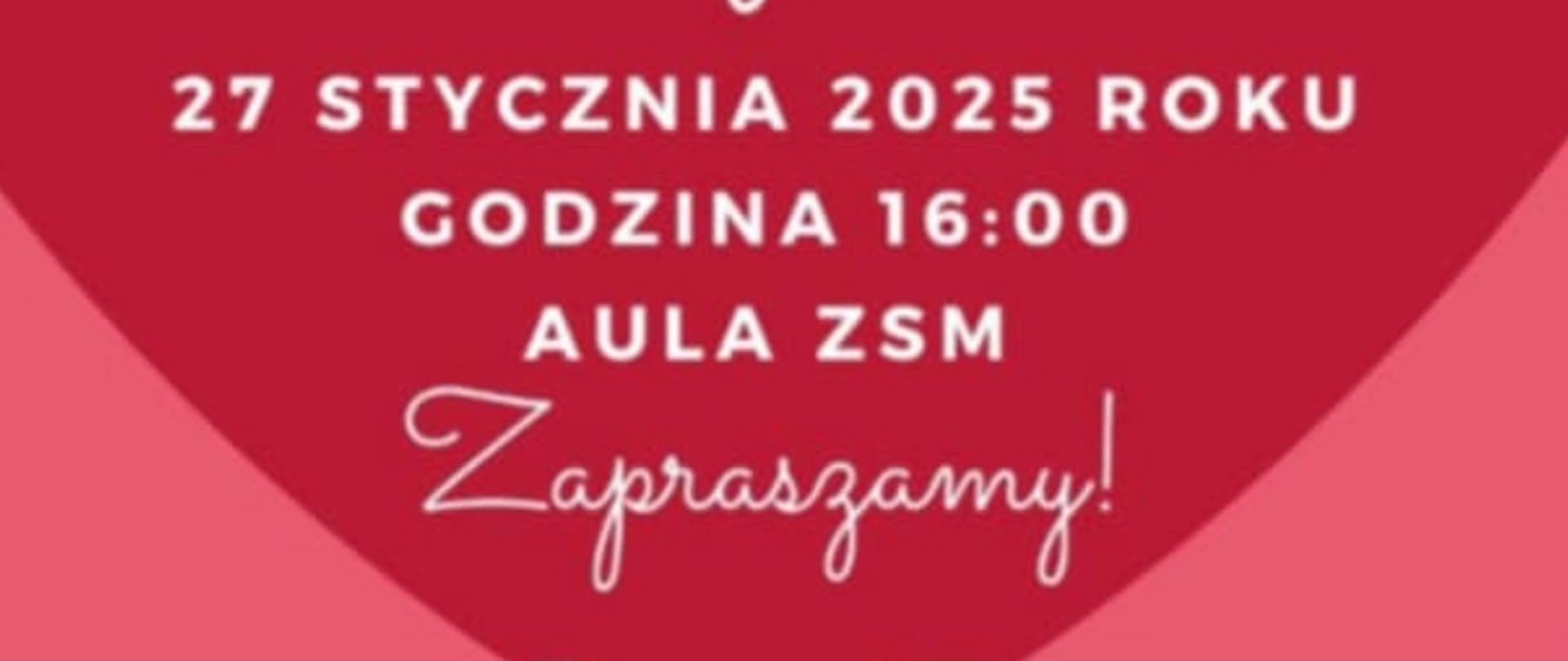 Różowe tło z sercami, grafika przedstawiająca babcię i dziadka, tekst informujący o koncercie 27 stycznia z okazji dnia babci i dziadka