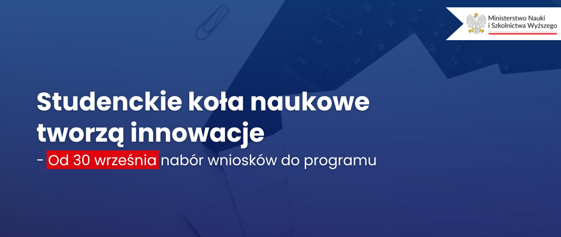 Grafika na ciemnym tle z napisem „Studenckie koła naukowe tworzą innowacje” – nabór wniosków od 30 września