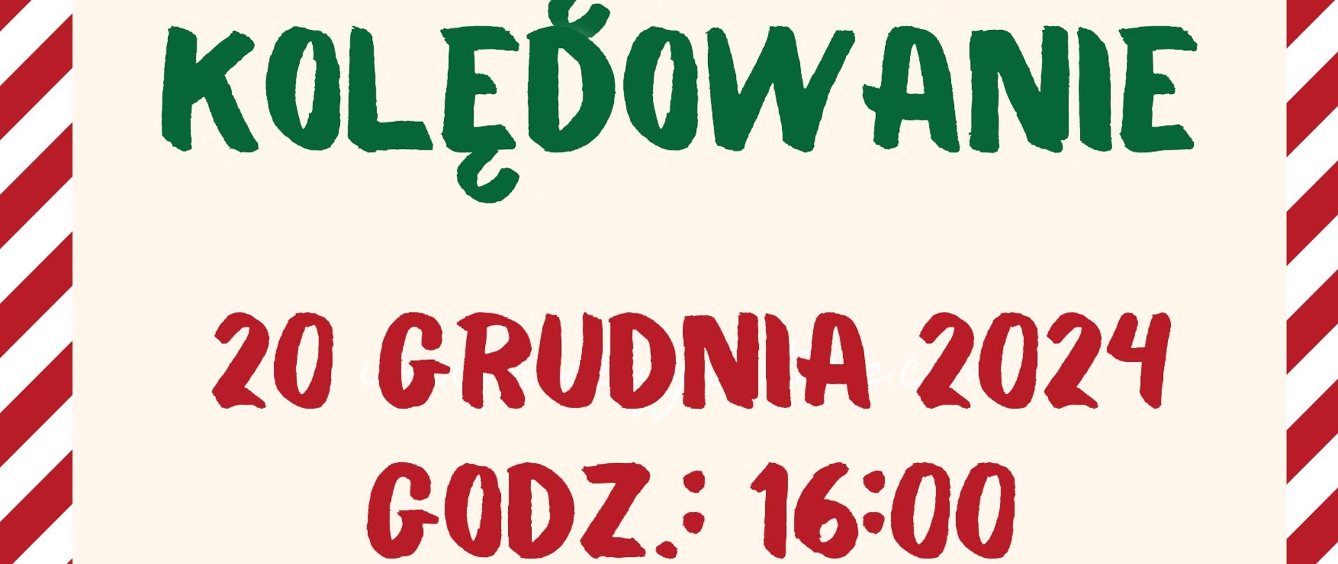 Plakat z ornamentami świątecznymi i napisem "Świąteczne Kolędowanie 20 grudnia 2024 godz. 16:00"