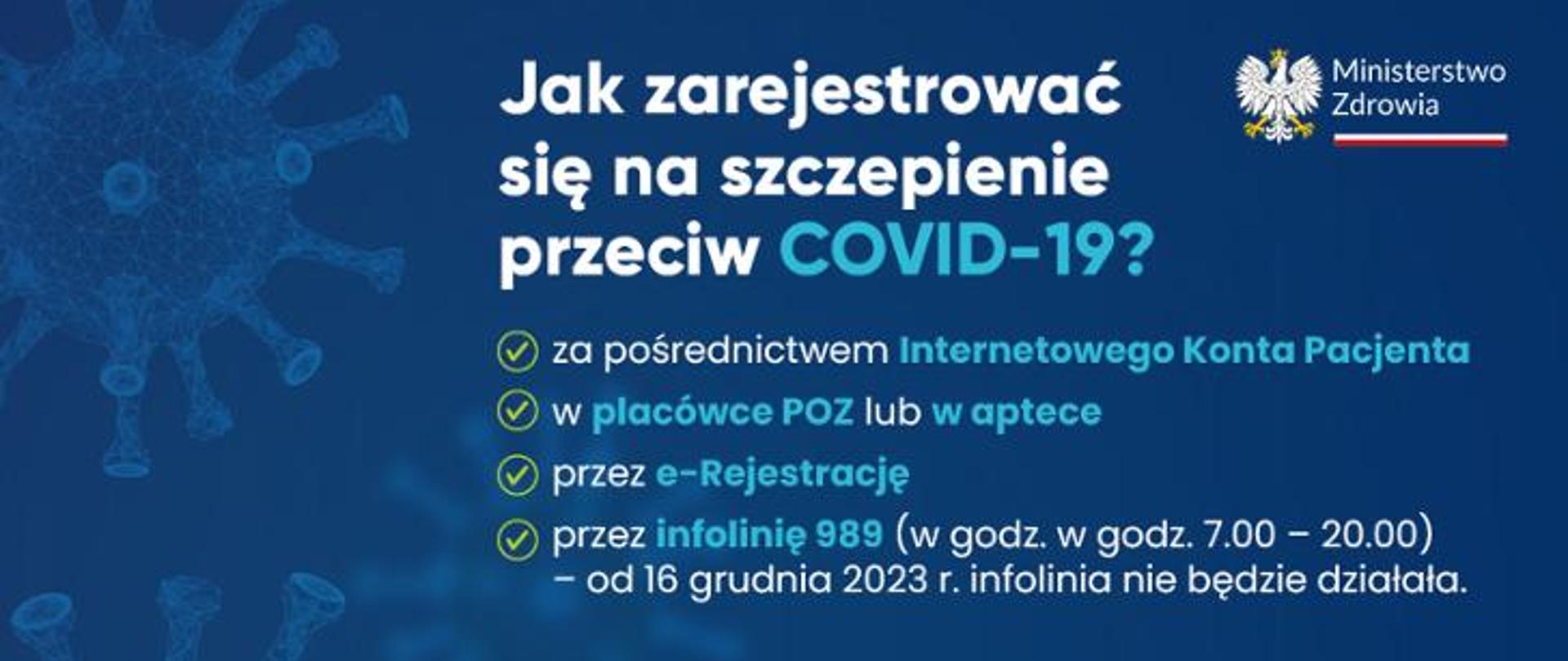 napis na niebieskim tle Jak zarejestrować się na szczepienie przeciw COVID-19?