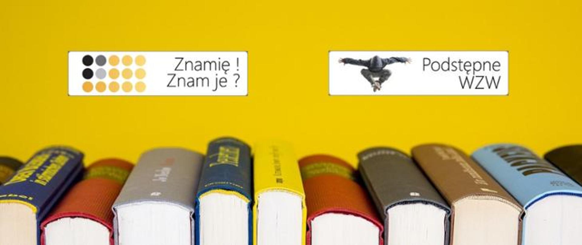 Na dole grafiki znajdują się książki. Tuż nad nimi widnieją dwa loga programów edukacyjnych: Znamię! Znam je? oraz Podstępne WZW. Tło jest żółte.