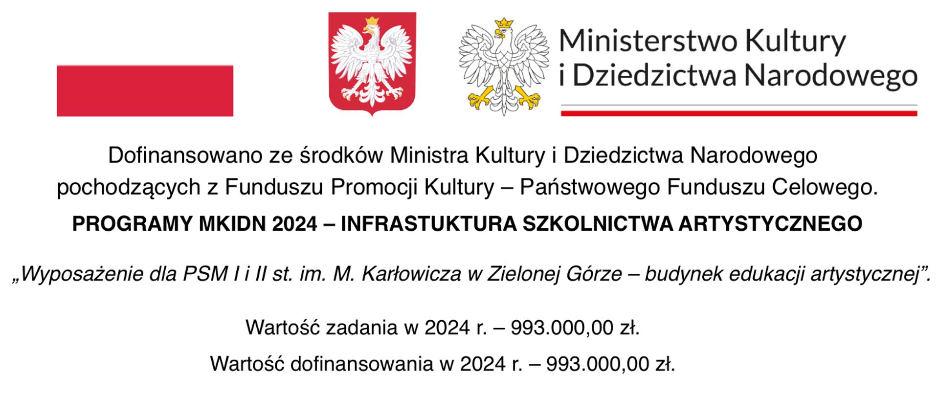 Grafika przedstawiająca dofinansowanie z programu Ministra Kultury i Dziedzictwa Narodowego. Czarny tekst dofinansowania na białym tle, u góry logo Ministerstwa Kultury i dziedzictwa Narodowego.