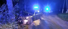 Zdjęcie wykonane w nocy. Auto rozbite o drzewo. Widok z przodu. Zdjęcie oświetlone lampami błyskowymi. W tle pojazdy policji.