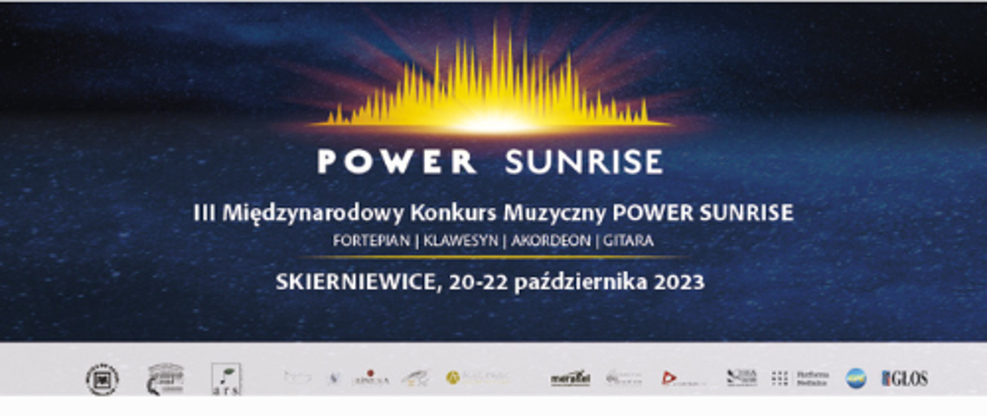 Plakat w formacie png informacje napisane są białą czcionką na niebieskim tle. III Międzynarodowy Konkurs Muzyczny Power Sunrise Skierniewice 20 - 22 października 2023r. 