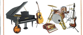 Zdjęcie instrumentów muzycznych od lewej czarny fortepian, obok gitara klasyczna stojąca na statywie, dalej leżący akordeon, saksofon i puzon, za nimi zestaw perkusyjny, z prawej strony gitara elektryczna stojąca na statywie.