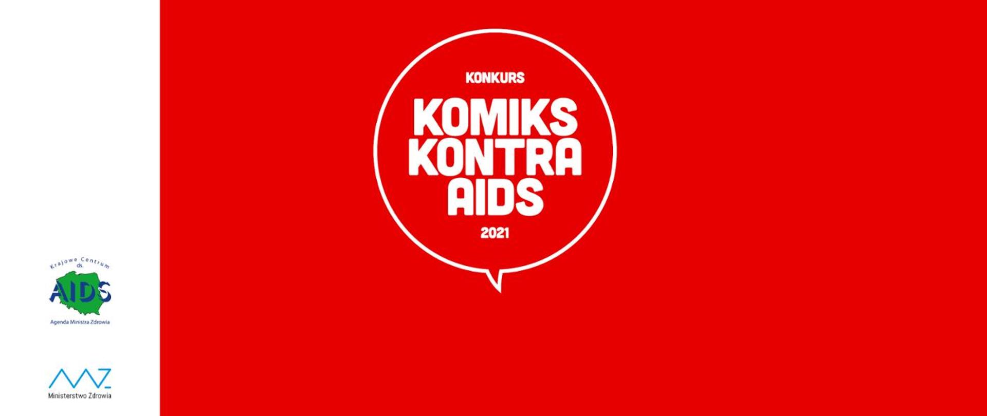 Na czerwonym tle napis w komiksowej chmurce komiks kontra aids 2021 