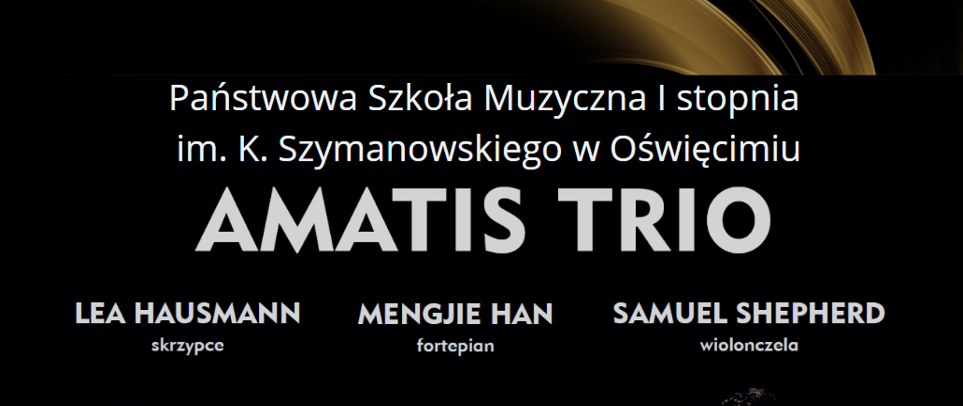 Afisz z zaproszeniem na koncert zespołu Amatis Trio, który odbędzie się 23.10.2023 o godz. 17:30 w sali koncertowej. Grafika przedstawia członków zespołu wraz z instrumentami. Flaga austriacka oraz logotym Konsulatu Generalnego Austrii w stopce.