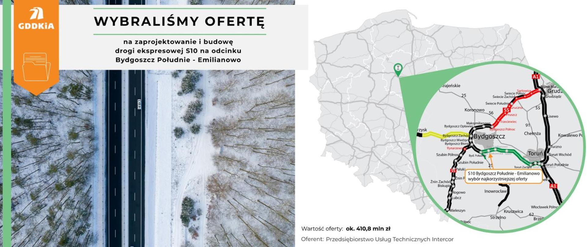 Infografika dot. wyboru najkorzystniejszej oferty w przetargu na realizację S10 Bydgoszcz Południe - Emilianowo