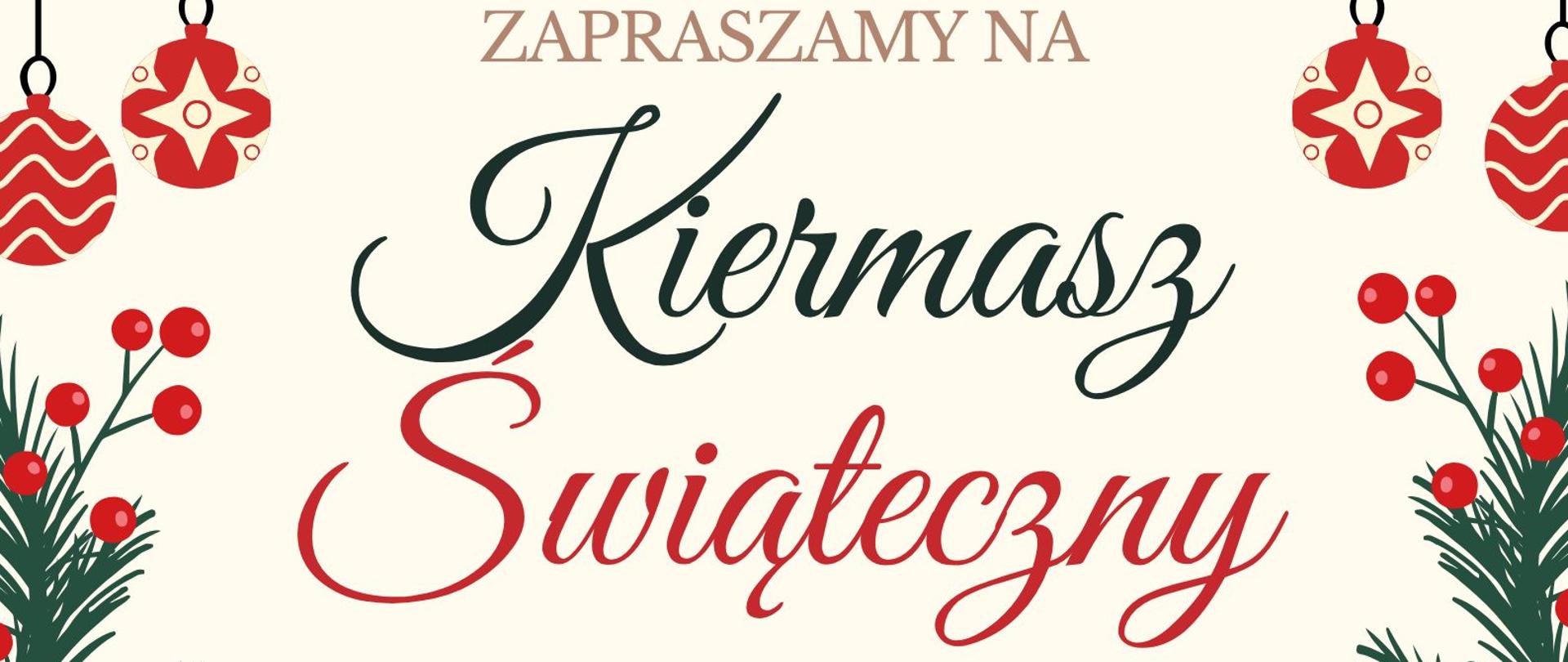 Tło z grafiką bożonarodzeniową, tekst dotyczące kiermaszu świątecznego w ZSM