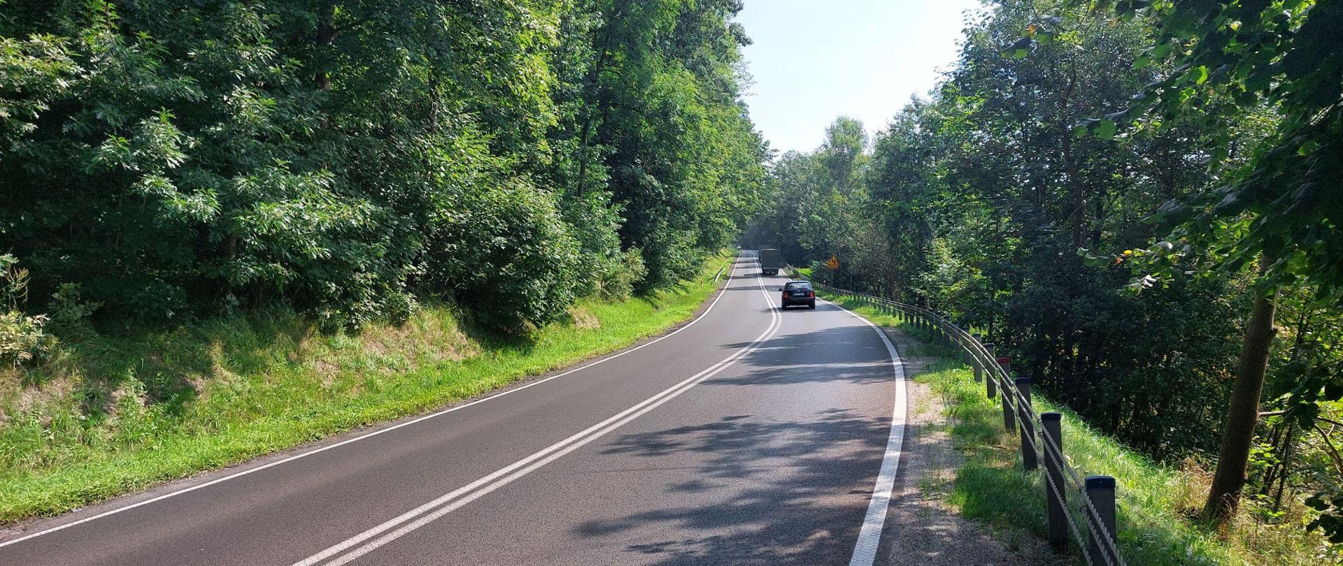 Jednojezdniowa droga krajowa, po lewej las, po prawej bariera energochłonna.