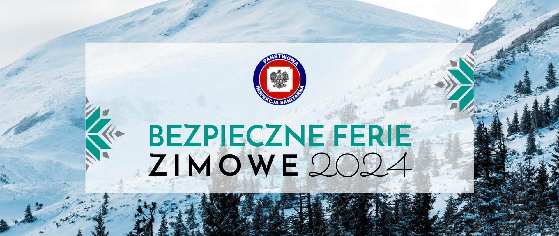 Na grafice w centrum jest logo Państwowej Inspekcji Sanitarnej, poniżej jest napisane Bezpieczne Ferie Zimowe 2024 . W tle widać ośnieżone góry.