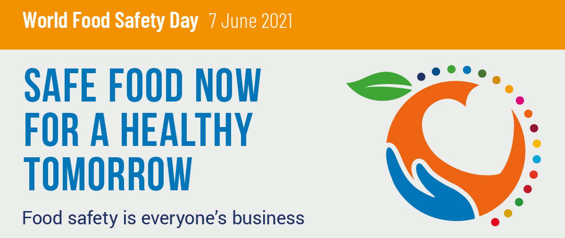 Grafika przedstawia obowiązujące hasło Światowego Dnia Bezpieczeństwa Żywności, obchodzonego w 2021: SAFE FOOD NOW FOR A HEALTHY TOMORROW wraz z symboliczną grafiką oraz m. in. logiem WHO.