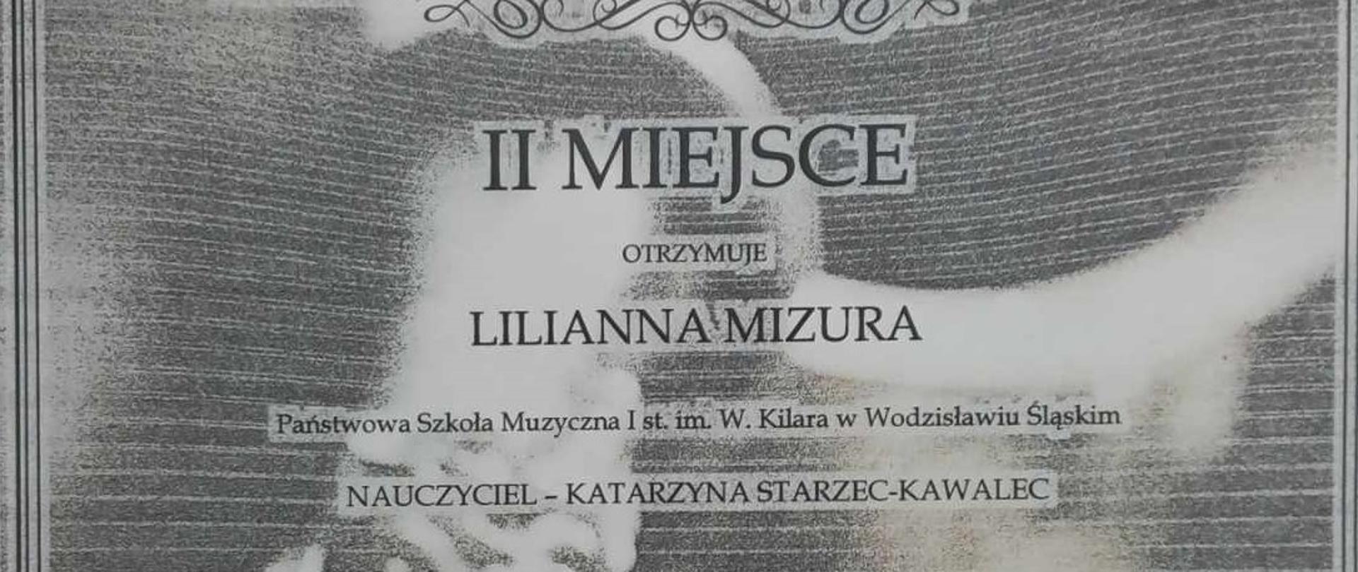 Dyplom XXII Ogólnopolski Konkurs Młodych Solistów w Jaworznie Lilianna Mizura II miejsce