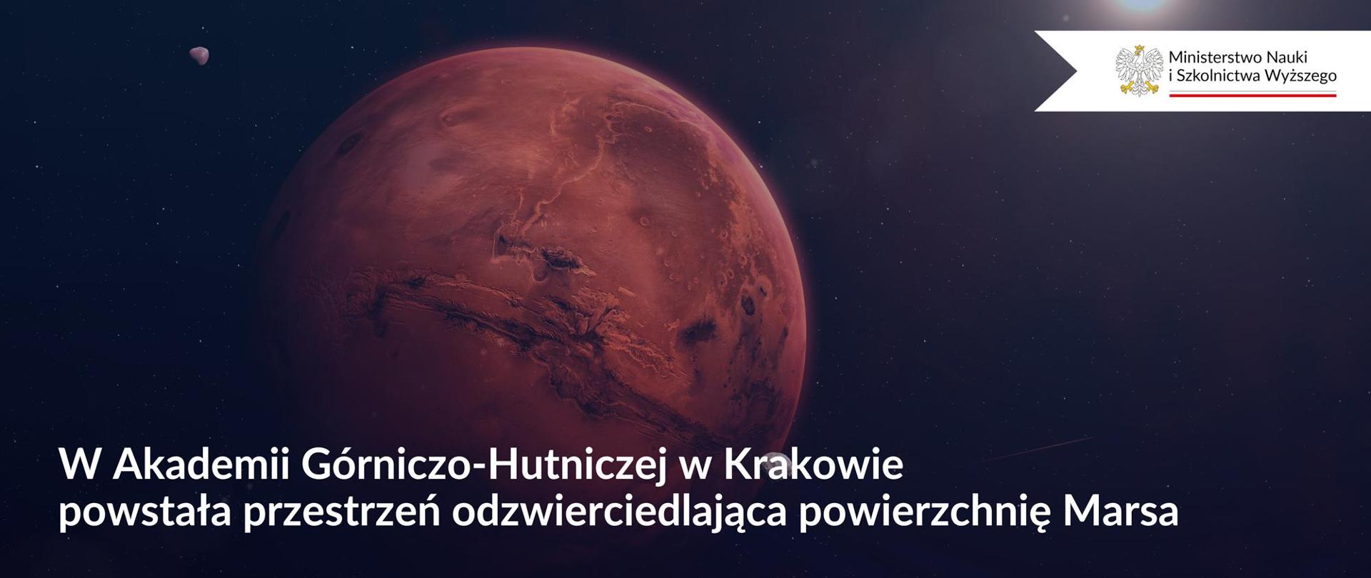 Grafika na ciemnym tle z napisem: W Akademii Górniczo-Hutniczej w Krakowie powstała przestrzeń odzwierciedlająca powierzchnię Marsa