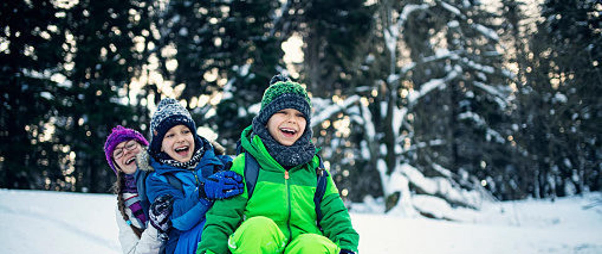 Troje dzieci na sankach w śnieżnym zimowym lesie.