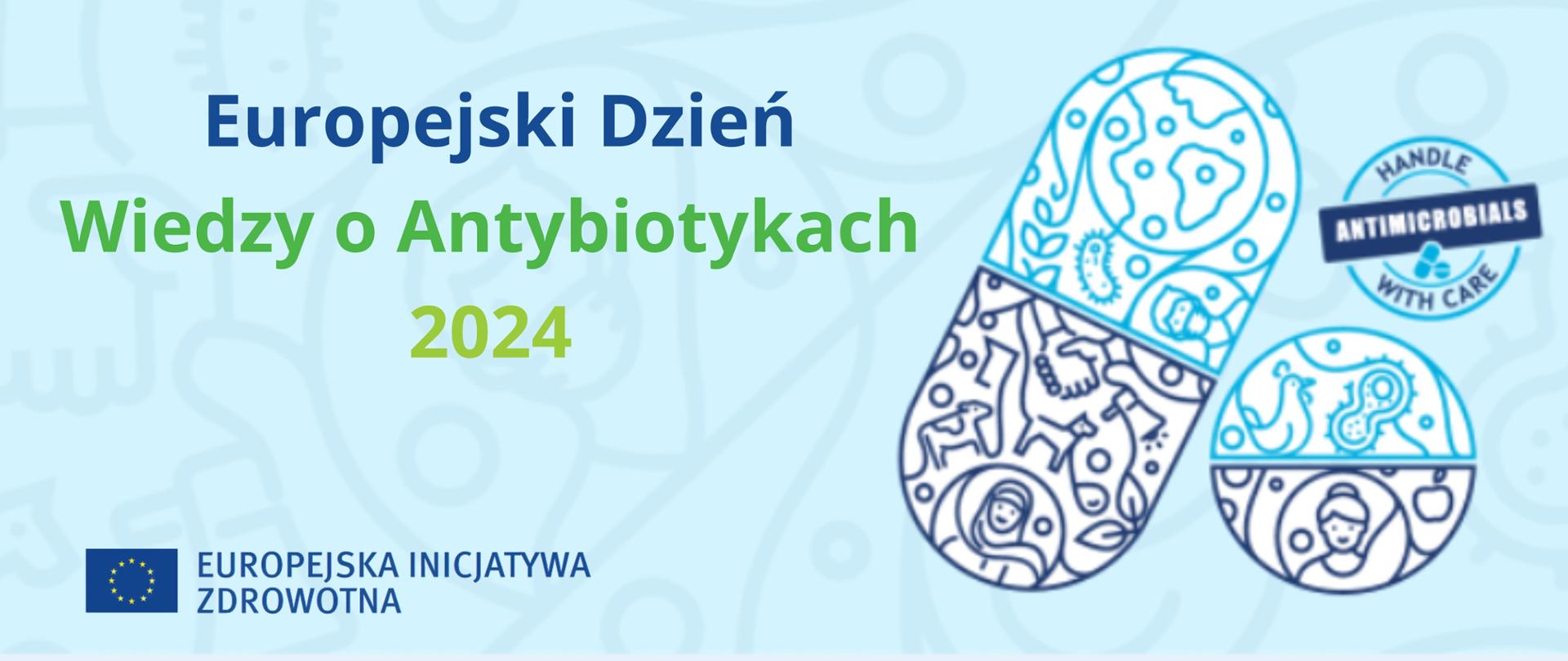 Grafika na niebieskim tle. Po prawej stronie grafiki widać niebiesko-granatową kapsułkę leku oraz niebiesko-granatową tabletkę. W ich środku znajdują się małe rysunki przedstawiające ludzi, zwierzęta, bakterie oraz kulę ziemską. Po lewej stronie widać niebiesko-zielony napis: Europejski Dzień Wiedzy o Antybiotykach 2024, na dole jest flaga Unii Europejskiej i tekst: Europejska Inicjatywa Zdrowotna. 