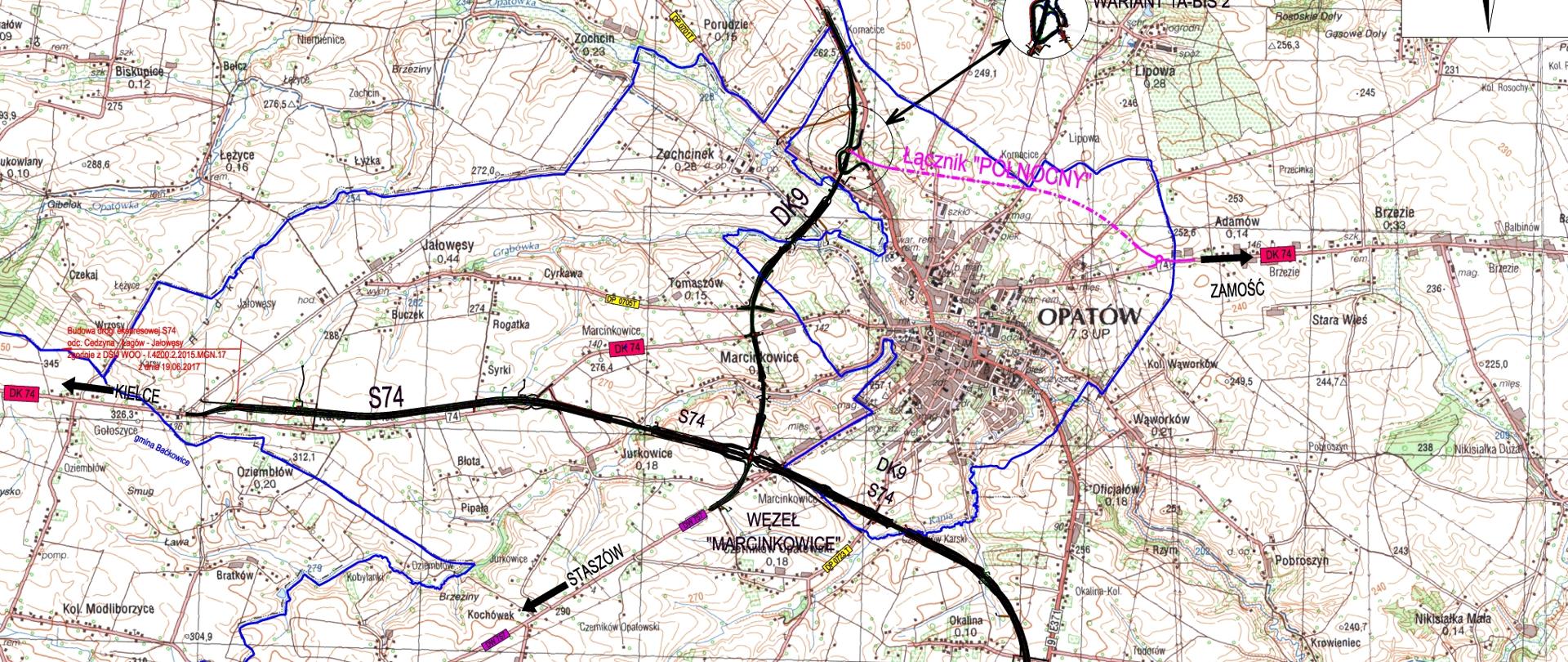 Mapa obwodnicy Opatowa w ciągu S74 i DK9 oraz przebieg łącznika DK74